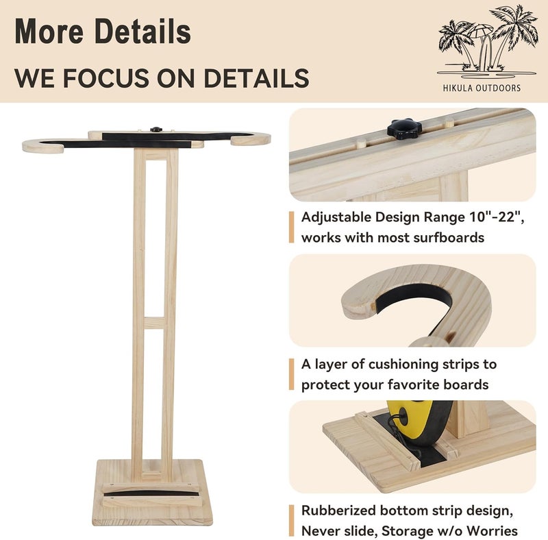 HIKULA Surfboard Stand Racks, Indoor Display Stand Shortboard and Longboard Organizer Floor-Standing Design, Storage & Display for Surfboard and Skimboard, Polished Beach Wooden - Image 3